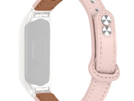 Xiaomi Mi Smart Band 6   5 cowhide leather watch strap with silver cover - Light Pink Online now