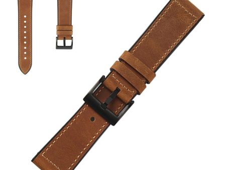 22mm stitching décor leather watch band - Crazy Horse Brown For Discount