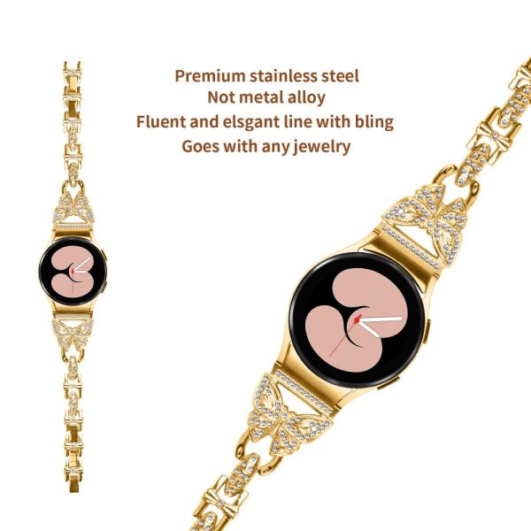 20mm Samsung Galaxy Watch 5   4 rhinestone butterfly décor metal strap with connector - Gold For Sale